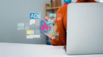 Digital marketing concept, Business woman using Ai on laptop with Ads dashboard digital marketing strategy analysis for branding, online advertisement, Ad on website and social media, SEO. photo