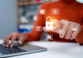 Business Woman showing key and network security represents protection against cyber attacks and online hacking, Protection against external hacks, Cybersecurity and privacy concepts to protect data. photo