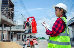 Engineers holding documents for planning and design for project at worksite, Engineering and architecture concept, Engineer working at site of a large building project. photo