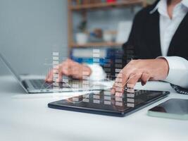 Business people use computers to analyze business and manage corporate data, business analytics with charts, metrics and KPIs to improve organizational performance, marketing strategy. photo