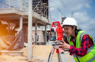Surveyor and survey equipment on construction site, Land and soil development, Survey equipment, Theodolite for measurement construction work, Civil engineer or Architect working surveyor. photo