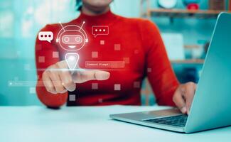 Business Woman uses hand touching a virtual robot displaying questions and answers with artificial intelligence, Machine learning, AI technology, AI brain network in business analysis. photo