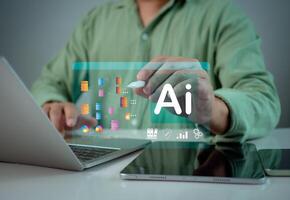 Concept of technology or using AI to help with work, Businessman showing modern technology on internet network AI technology in everyday life, Internet of Things, Artificial intelligence brain. photo