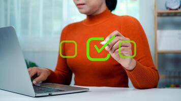 Woman write or tick correct mark to approve document or project, Application for certificate, Quality management and assurance, Business certification, Pass inspection, Accept approved, QA, QC. photo