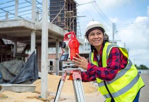 Surveyor and survey equipment on construction site, Land and soil development, Survey equipment, Theodolite for measurement construction work, Civil engineer or Architect working surveyor. photo