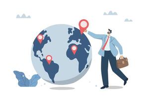 Business leaders put new branch pin on global map, Opening new franchise branches abroad, Business expansion or growth internationally, design illustration. vector