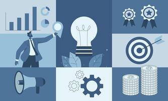 Set of business concepts, Business symbol presentation, Generating returns, Planning for growth and success, Support or promote marketing, design illustration for social media, web banner. vector
