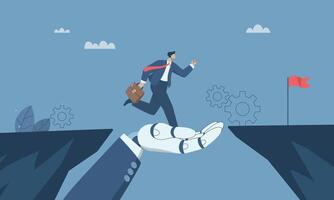 A large robotic hand that helps business people overcome cliffs or obstacles, Support or help solve problems, Support with artificial intelligence, Working with AI. design illustration. vector