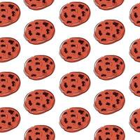 Seamless pattern with chocolate chip cookie on a white background. Flat style design for bakery branding, packaging, textile. vector