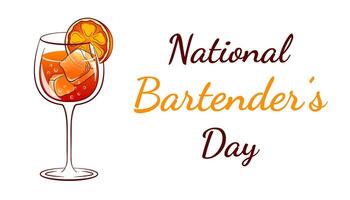 Banner for National Bartender Day with a glass of Aperol Spritz cocktail with ice and an orange slice. Design for promotion bartender events. vector