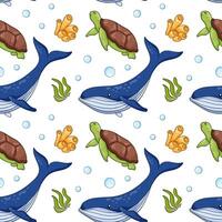Seamless pattern in cartoon style with blue whale and turtle, corals, seaweeds and bubbles. illustration on a white background. vector