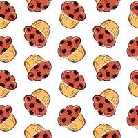 Seamless pattern muffin with chocolate chip in cartoon style. Design on a white background for bakery, packaging or breakfast cafe. vector