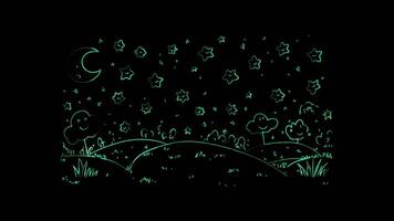 Neon frame effect, A sky full of smiling stars and a friendly moon on black background video
