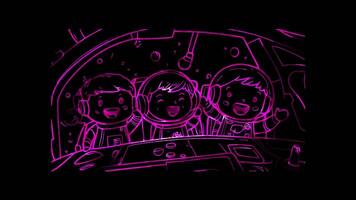 Neon frame effect, group of adorable space travelers in a spaceship on black background video
