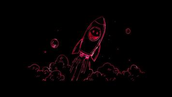 Neon frame effect, rocket ship with a big smile blasting off into space on black background video