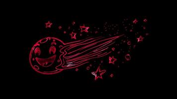 Neon frame effect, comet with a happy face leaving a trail of sparkling stars on black background video