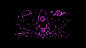 Neon frame effect, rocket ship with a big smile blasting off into space on black background video