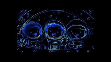 Neon frame effect, group of adorable space travelers in a spaceship on black background video