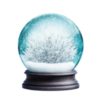 A snow globe with a snowy tree encased inside, resting on a wooden base. Snowflakes swirl around the tree in the winter scene. png