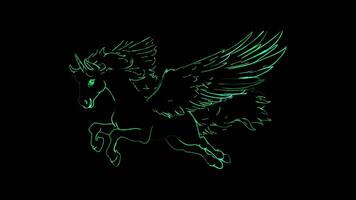 Neon frame effect, pegasus with fluffy wings and a joyful expression on black background video