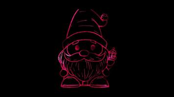 Neon frame effect, gnome with a cute hat, beard, and a friendly smile, holding a tiny lantern on black background video