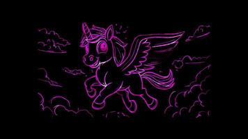 Neon frame effect, pegasus with fluffy wings and a joyful expression on black background video