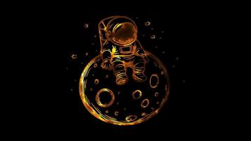 Neon frame effect, astronaut landing on a happy, smiling moon on black background video