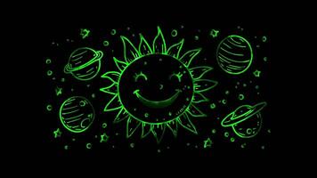 Neon frame effect, Smiling Sun and Planets on black background video
