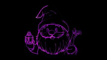 Neon frame effect, gnome with a cute hat, beard, and a friendly smile, holding a tiny lantern on black background video