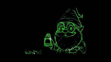 Neon frame effect, gnome with a cute hat, beard, and a friendly smile, holding a tiny lantern on black background video