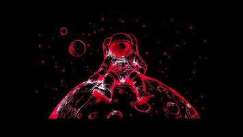 Neon frame effect, astronaut landing on a happy, smiling moon on black background video