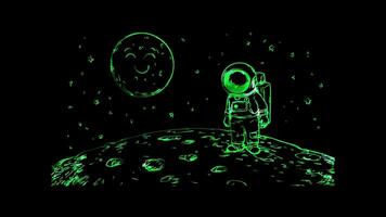 Neon frame effect, astronaut landing on a happy, smiling moon on black background video