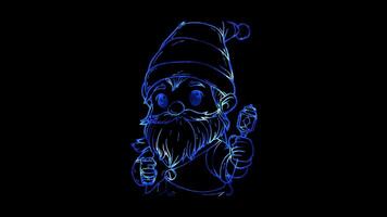 Neon frame effect, gnome with a cute hat, beard, and a friendly smile, holding a tiny lantern on black background video
