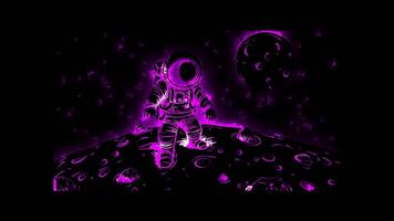 Neon frame effect, astronaut landing on a happy, smiling moon on black background video