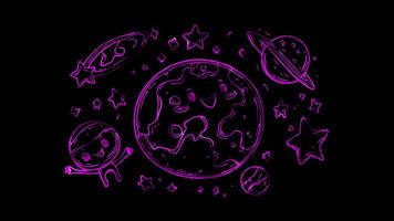 Neon frame effect, Happy Planet with Aliens on black background video