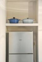 A refrigerator with two pots on top of it photo