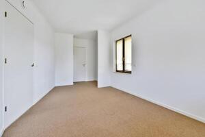 A empty room with carpet and white walls photo