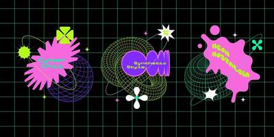 Modern y2k cyberpunk motivational cool sticker pack. Positive neon nostalgic phrases. Isolated brutalist stamps, labels, patches, tags with text. vector