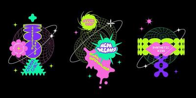 Geometry wireframe grids shapes compositions with brutalist geometric shapes and cool quotes in neon colors. Cyberpunk elements in trendy psychedelic rave style. 00s Y2k retro futuristic aesthetic. vector