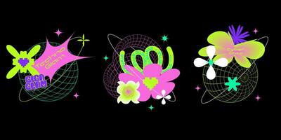 Space flowers Geometry wireframe shapes and grids print concepts in neon colors. 3D spheres, cyberpunk distorted elements in trendy psychedelic rave style. 00s Y2k retro futuristic aesthetic. vector