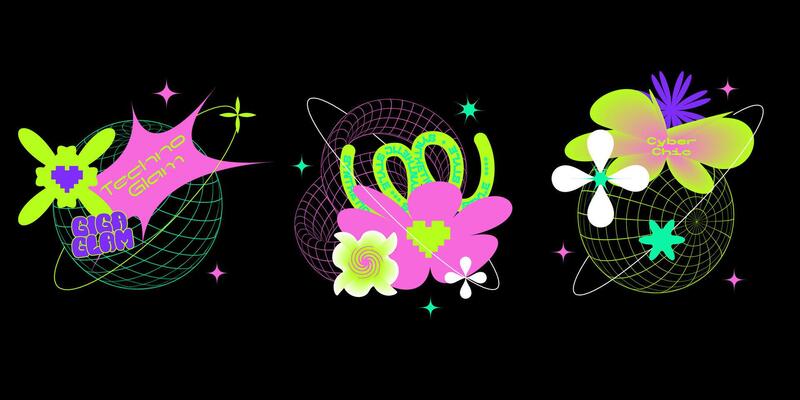 Space flowers Geometry wireframe shapes and grids print concepts in neon colors. 3D spheres, cyberpunk distorted elements in trendy psychedelic rave style. 00s Y2k retro futuristic aesthetic.