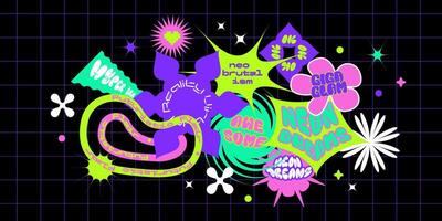 Set of trendy retro futuristic stickers in brutalism style, simple distorted geometric shapes, cool y2k quotes,neon colors. Rave music party of flyer design templates. Asymmetrical composition. vector