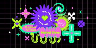y2k retro pop art neon stickers set, minimal futuristic funky element collection, abstract neo brutalism aesthetic silhouette shape stamps, basic decorative brutal figure in vintage 90s design. vector