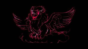 Neon frame effect, griffin with a lion body and an eagle wings, smiling and perched on a cloud on black background video