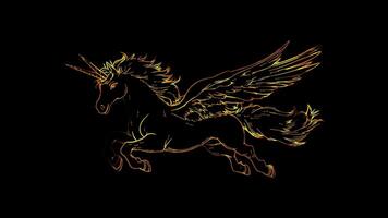 Neon frame effect, pegasus with fluffy wings and a joyful expression on black background video