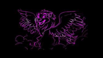 Neon frame effect, griffin with a lion body and an eagle wings, smiling and perched on a cloud on black background video