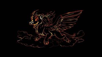 Neon frame effect, griffin with a lion body and an eagle wings, smiling and perched on a cloud on black background video
