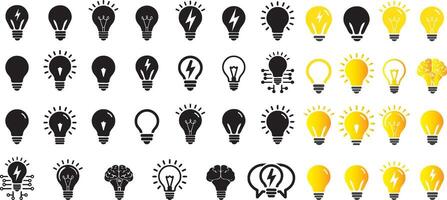 A set of light bulb icon on white background. Idea symbol. Electric lamp, light, innovation, solution, creative thinking, electricity. Outline, flat and colored style. Flat design. vector
