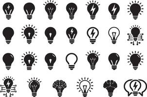 A set of light bulb icon on white background. Idea symbol. Electric lamp, light, innovation, solution, creative thinking, electricity. Outline, flat and colored style. Flat design. vector