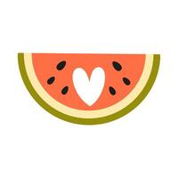 Watermelon slice with heart hole. Hand drawn half watermelon part vector